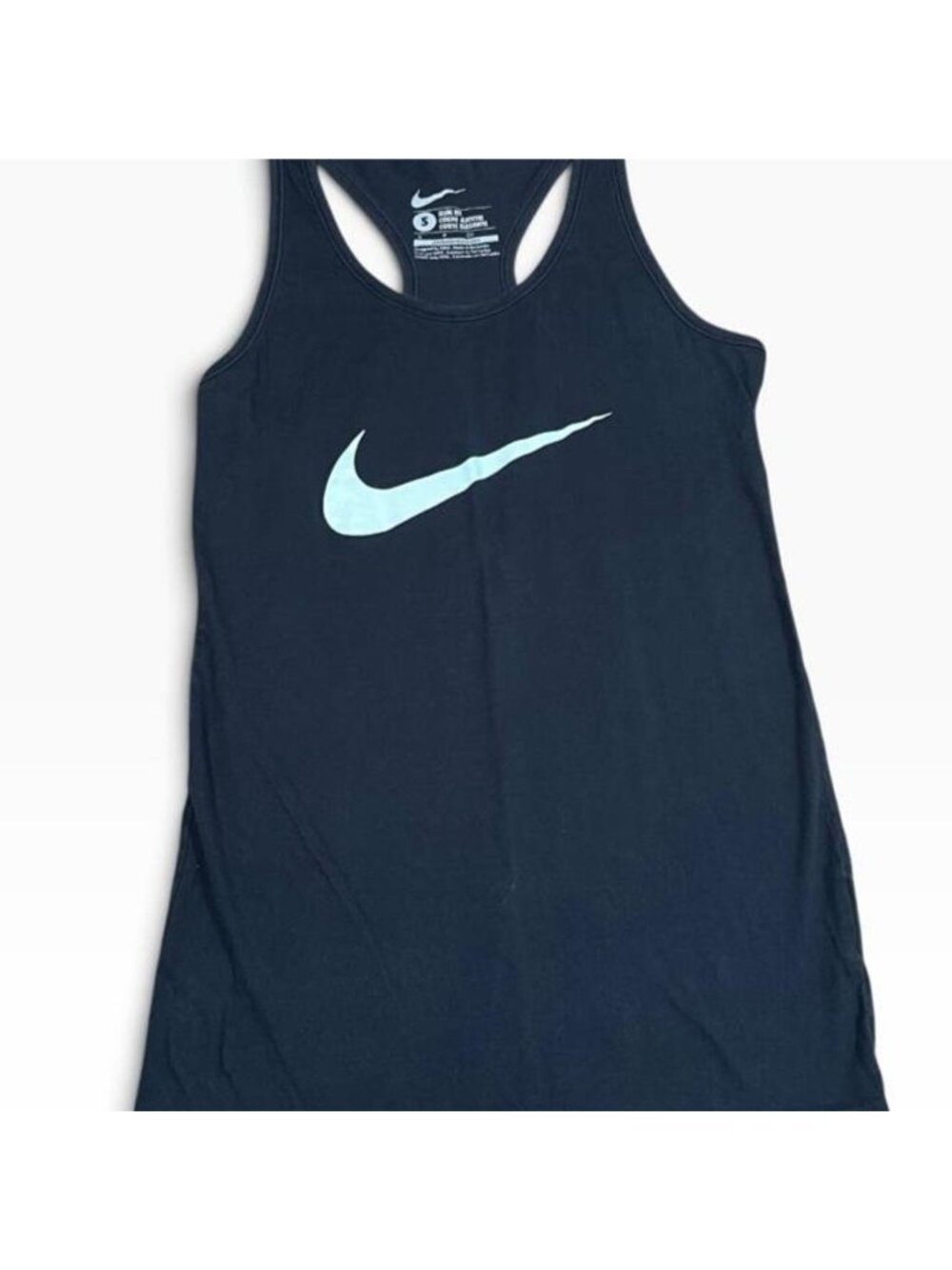 Nike black athletic tank top featuring a large light blue Swoosh
